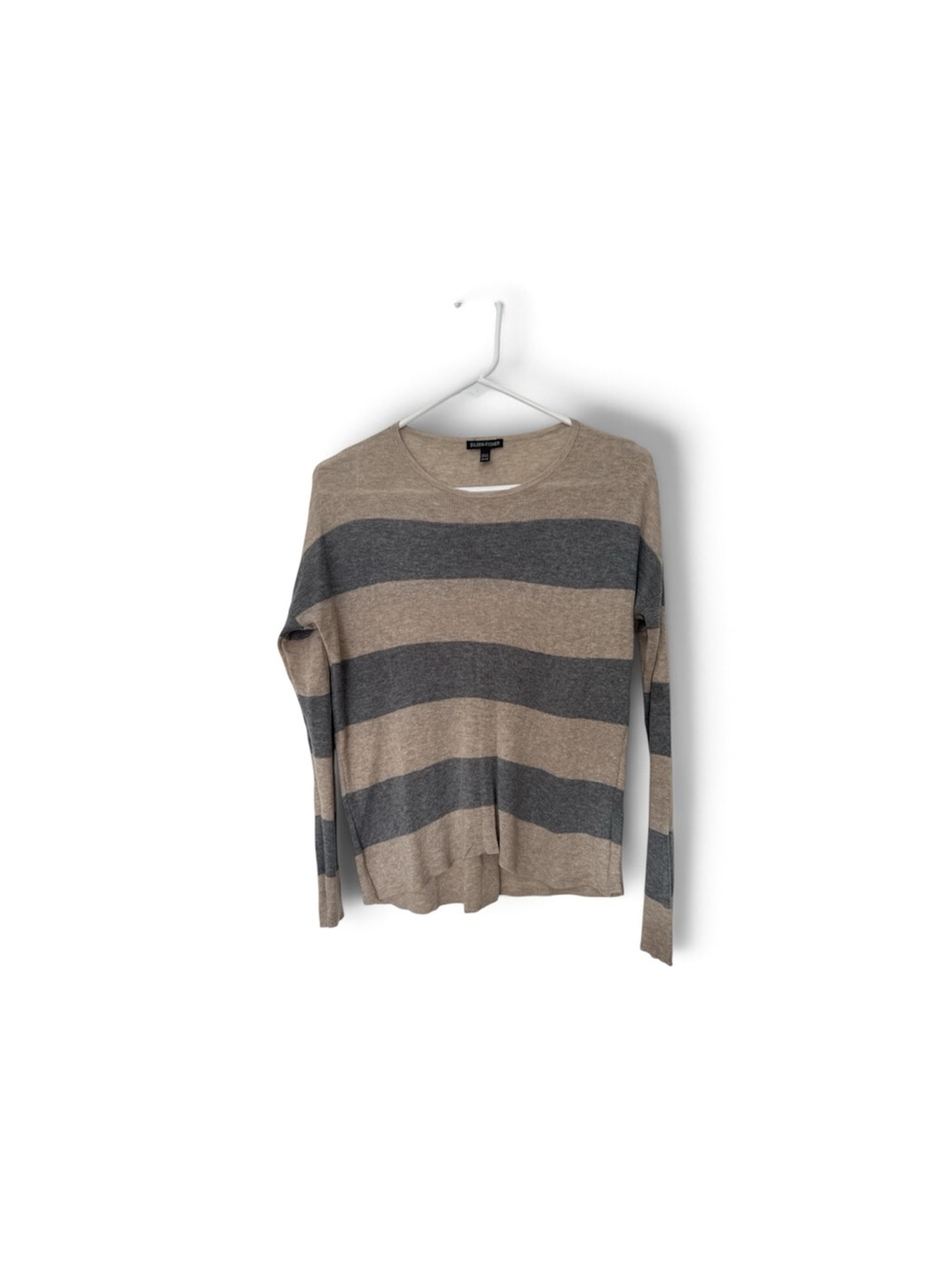 Woman  Striped Crewneck lightweight  Sweater - Taupe & Charcoal